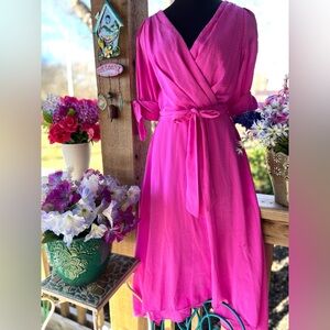 DKNY Pink Chiffon Midi Dress Criss-Cross Neckline Bows w Ties Sleeves/Sash Belt